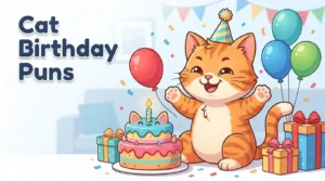 Funny cat birthday puns illustration