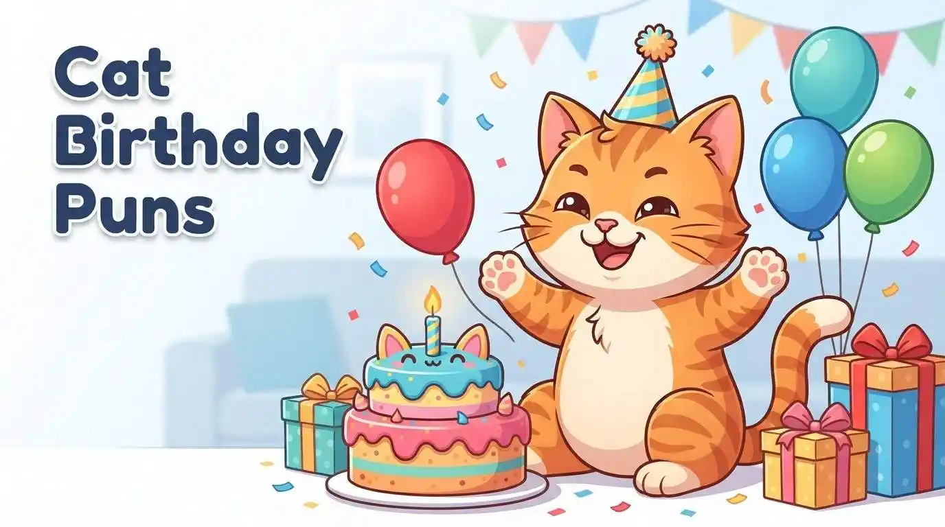 Funny cat birthday puns illustration