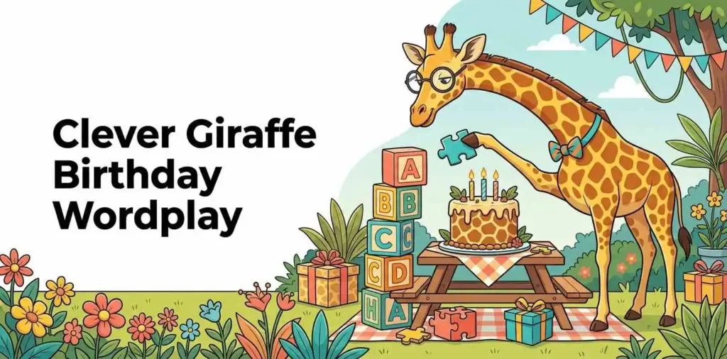 Clever giraffe enjoying birthday wordplay