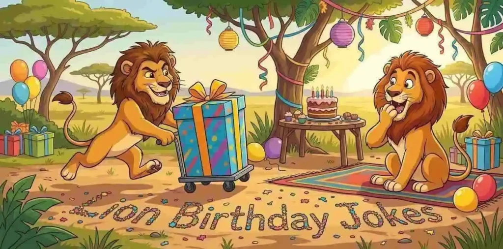 Playful lion birthday joke scene