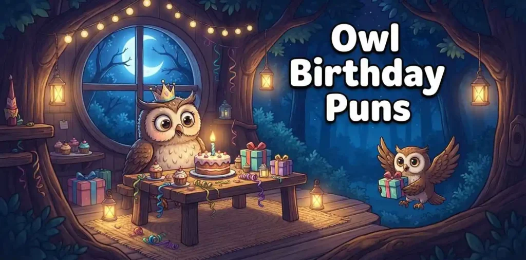 Funny owl celebrating birthday