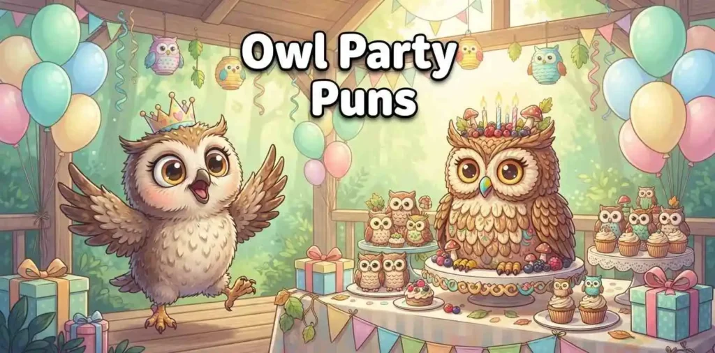 Owl birthday cake party scene