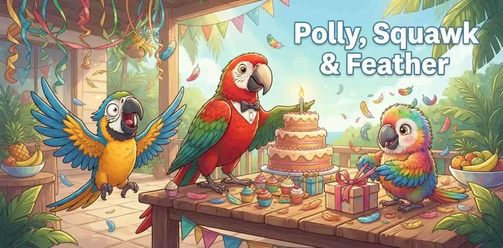 Parrots celebrating colorful birthday party