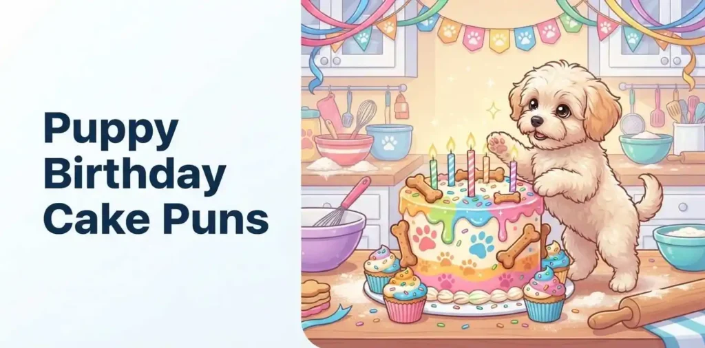 Puppy beside birthday cake